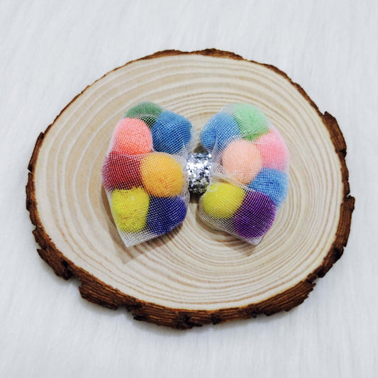 Multicoloured pom pom Bow Hair Clip | Designer Hair Accessories for Kids and Girls