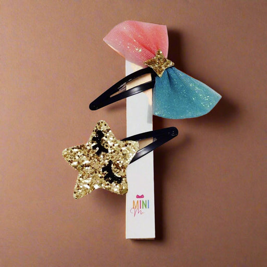 Glowing Star & Mini Tulle Bow Snap Clips |  Designer Hair Accessories for Kids & Accessories