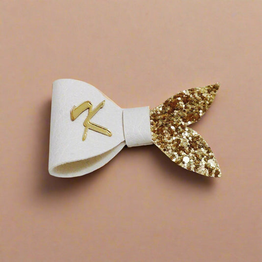 White & Gold Custom Name Letter mermaid Bow Hair Clip | Personalized Designer Hair Accessories for Kids & Girls