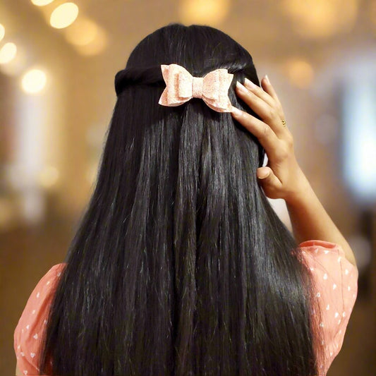 Peach Glitter Bow Hair Clip Set | Designer Hair Accessories for Kids and Girls