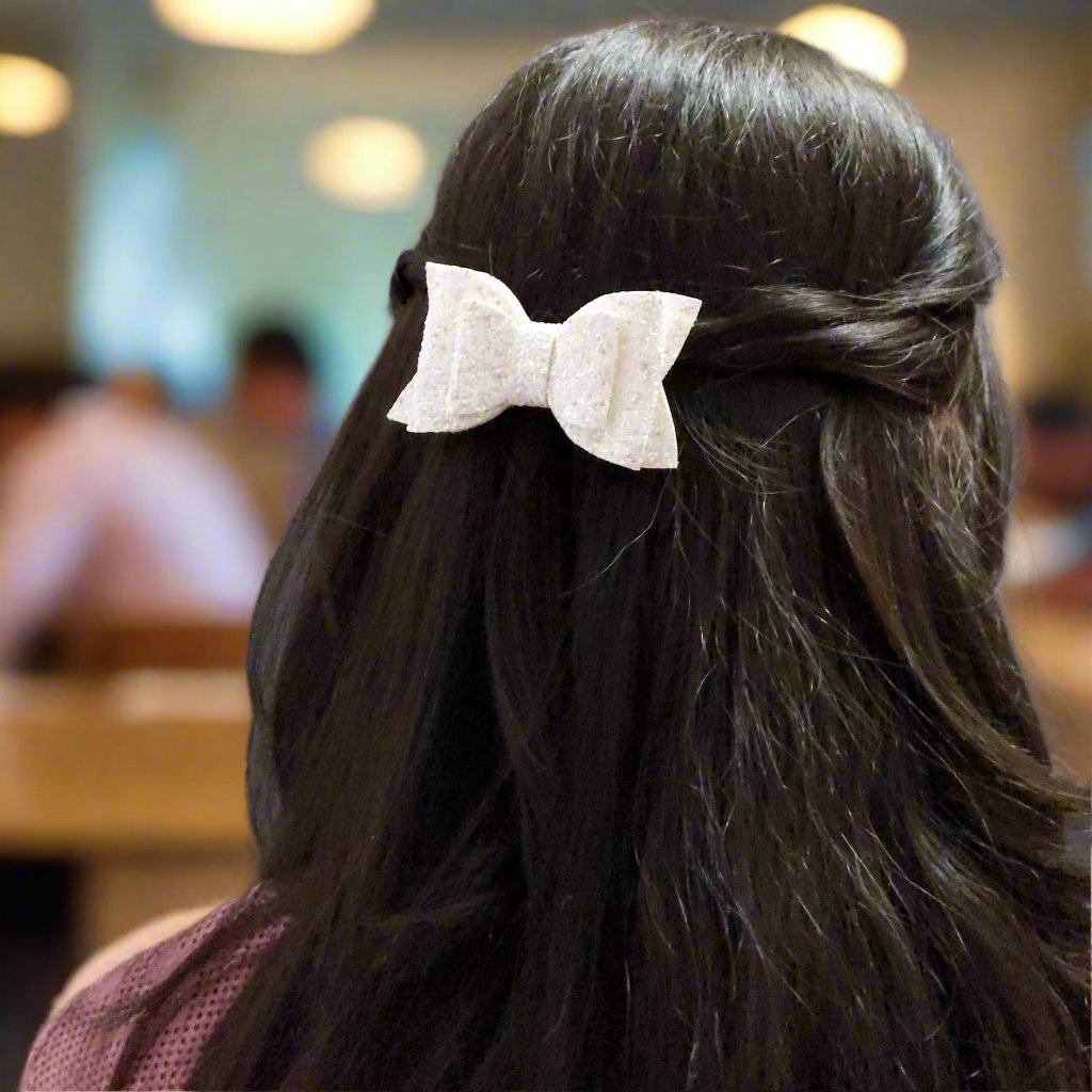 White Glitter Bow Hair Clip Set | Designer Hair Accessories for Kids and Girls
