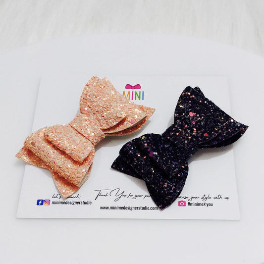 Peach & Black Glitter Bow Hair Clip Set | Designer Hair Accessories for Kids and Girls