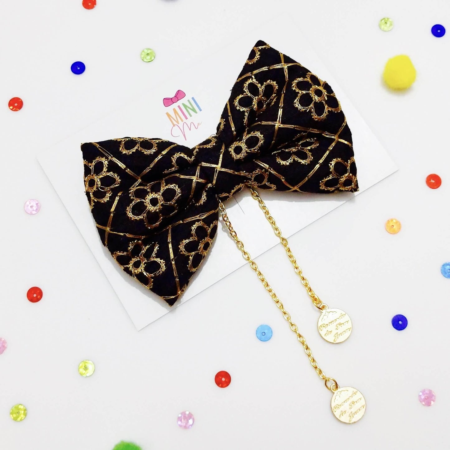 Black and Gold Festive Princess Bow Hair Clip | Premium Silk Hair Bow