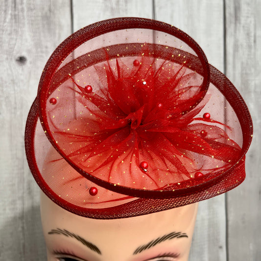 Golden Sparkle Red Fascinator Hair Clip