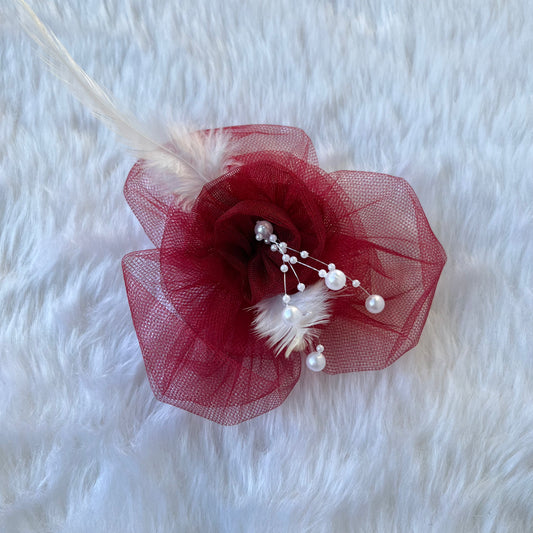 Wine AZALEA Flower Fascinator with White Feather and Pearls | Bloom Collection
