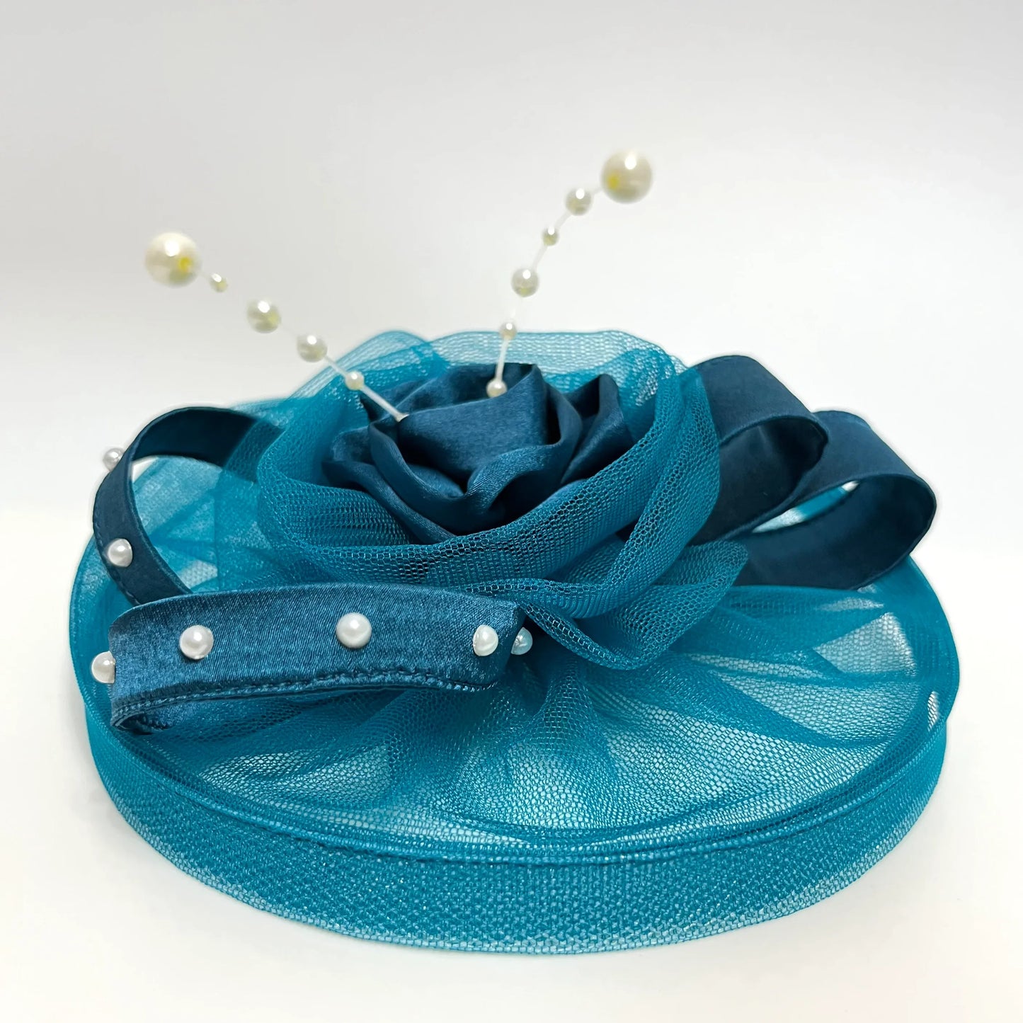 Teal Blue Fascinator Hat | Flower, Ribbon, Pearls Hair Clip