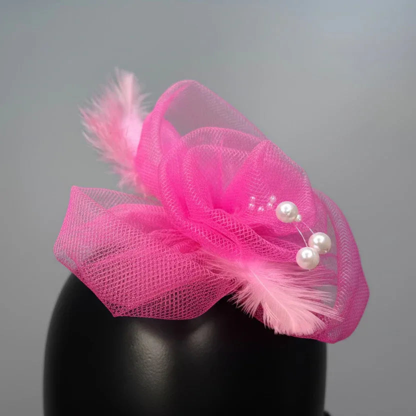 Pink Net and Feather Fascinator Hair Clip | Cocktail Party Hair Clip