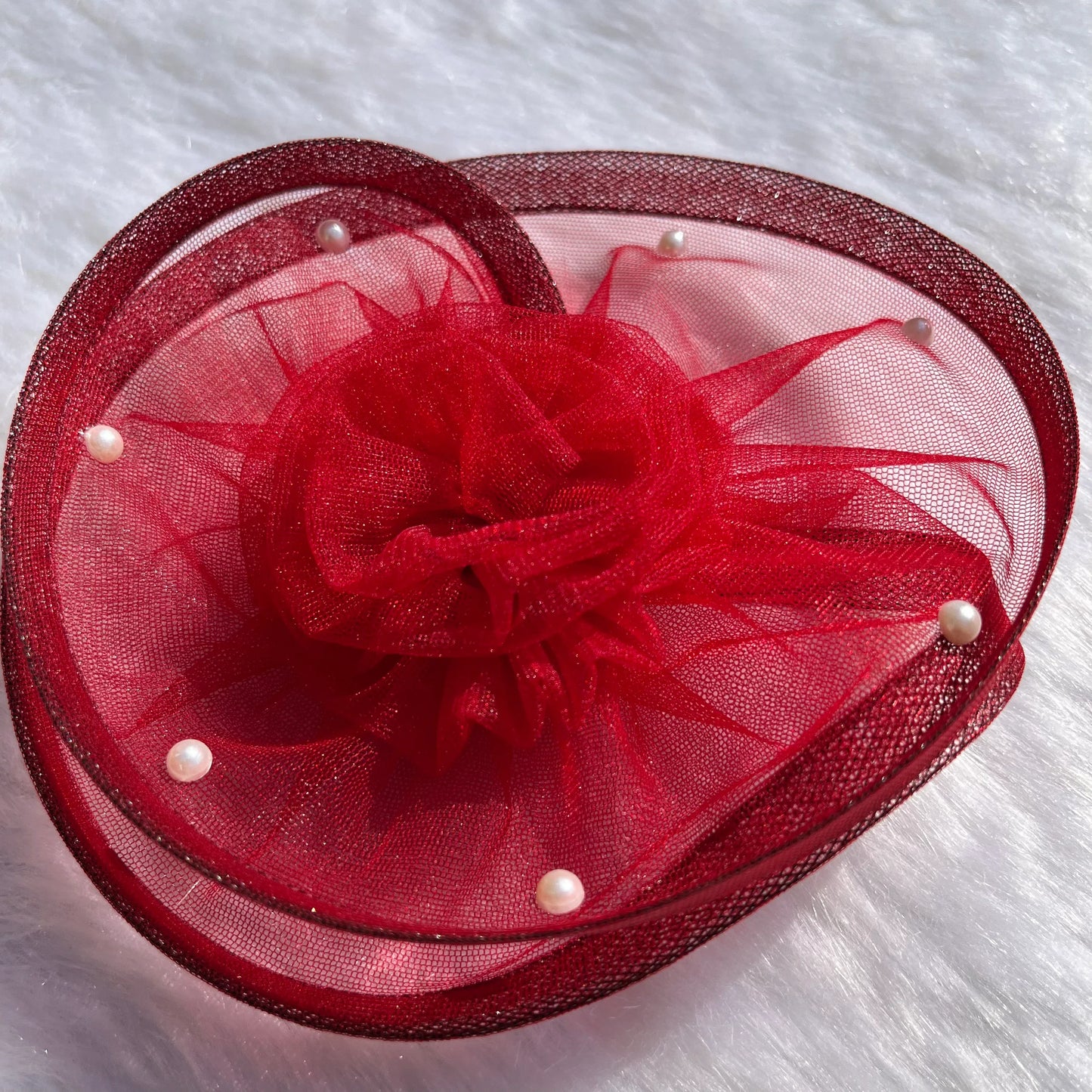 Maroon Twisted Fascinator with White Pearls | Couture Headpiece