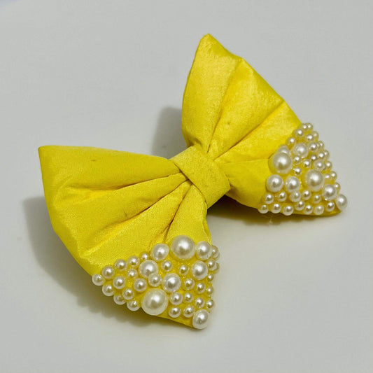 Princess Belle Yellow Bow Hair Clip Adorned with Pearls | Designer Hair Accessories