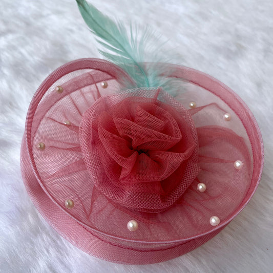 Twisted Dusty Pink Fascinator with Pearl and Feather