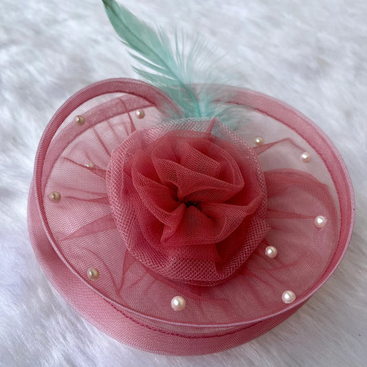 Twisted Dusty Pink Fascinator with Pearl and Feather