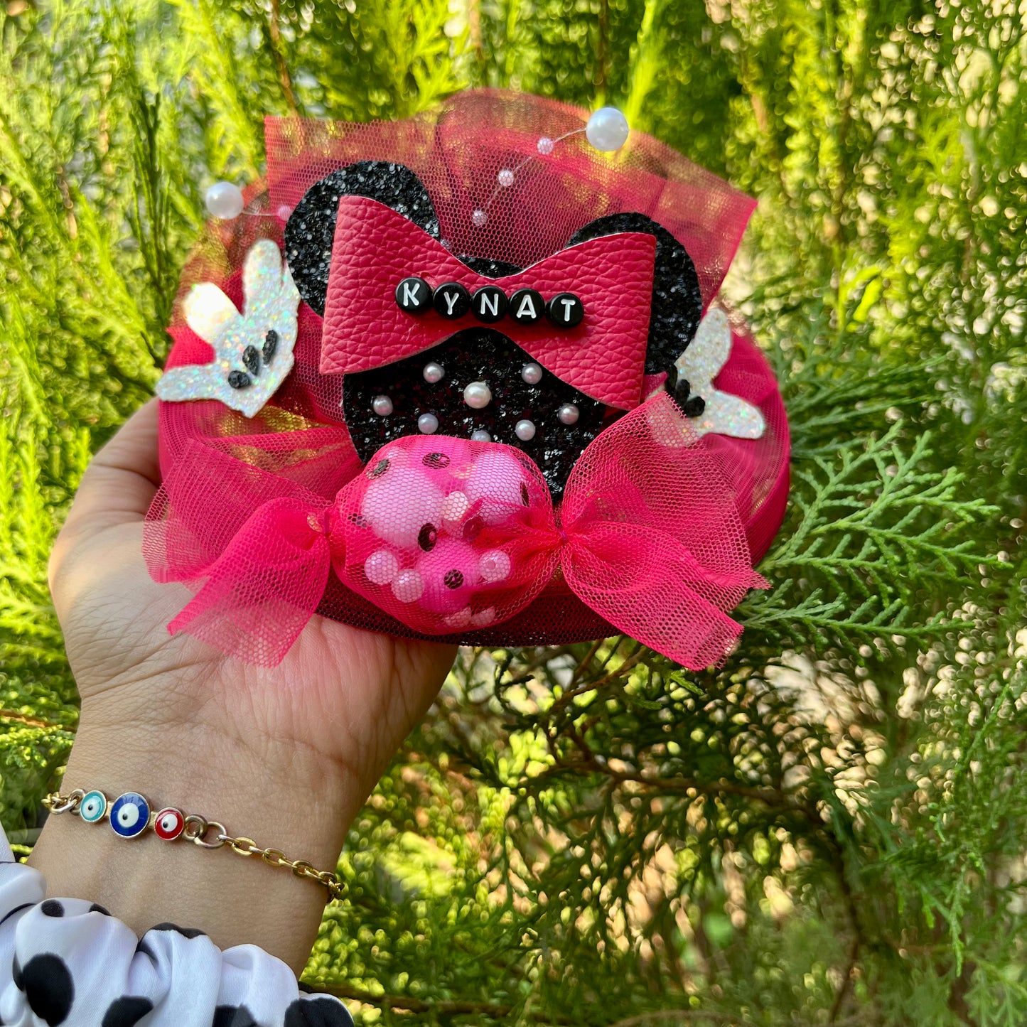 Minnie Mouse Custom Name Pink and Black Fascinator Hair Clip | Birthday Hair Accessory