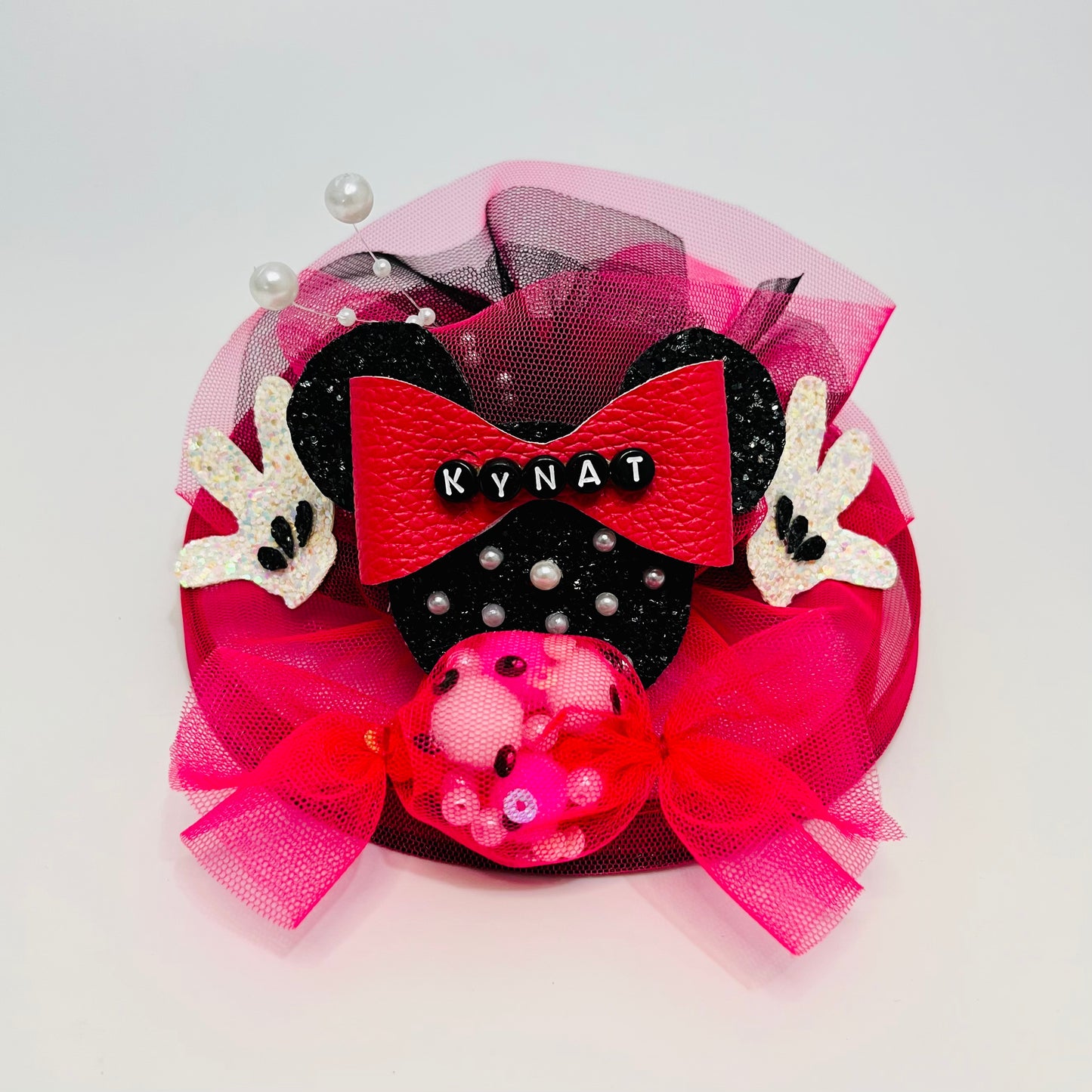 Minnie Mouse Custom Name Pink and Black Fascinator Hair Clip