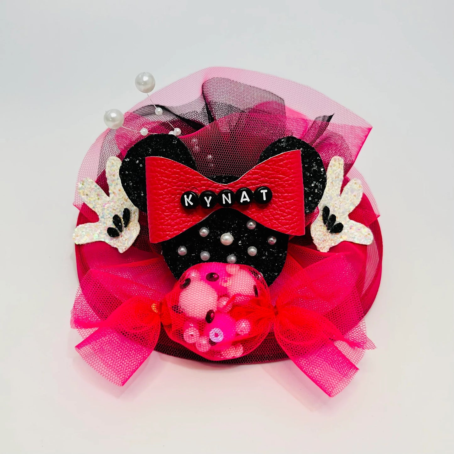 Minnie Mouse Custom Name Pink and Black Fascinator Hair Clip