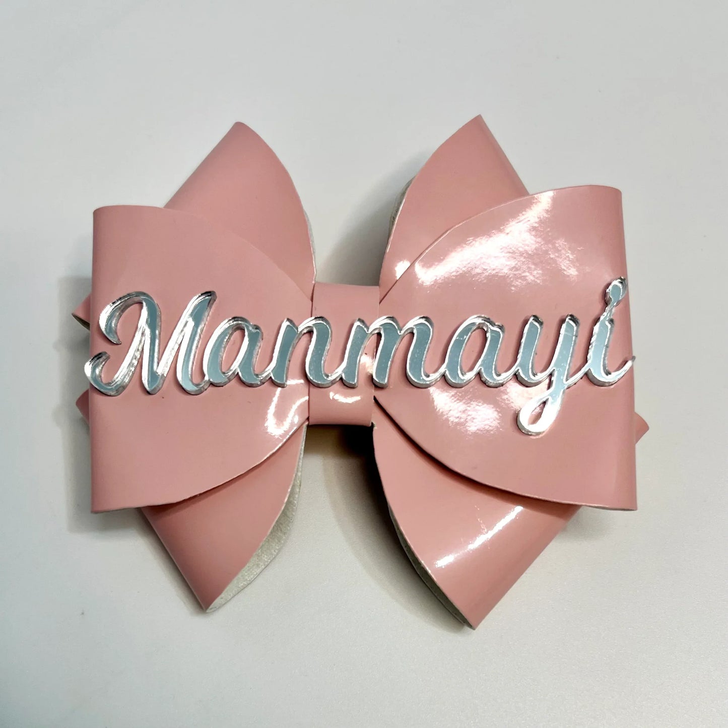 Silver Custom Name on Pink Leather Bow | Baby girl nylon soft headband