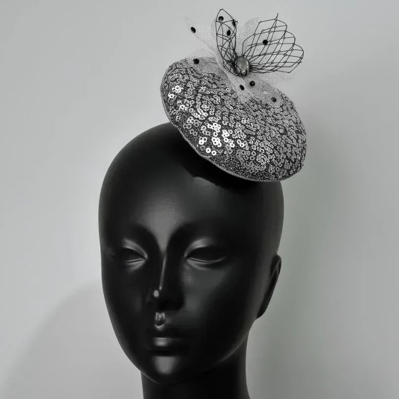 Dreamy Silver Sequin Fascinator Hat | Victorian Hair Accessory