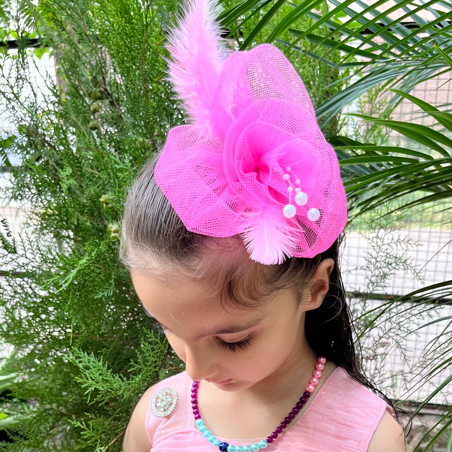 Pink Net and Feather Fascinator Hair Clip