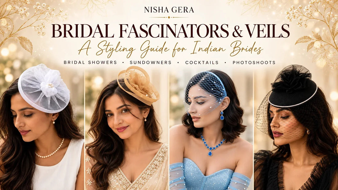 Collage of women wearing white and champagne fascinators, a blue pearl veil with gloves, and a black birdcage veil fascinator