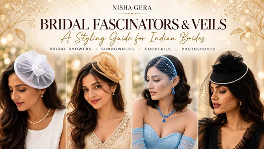 Collage of women wearing white and champagne fascinators, a blue pearl veil with gloves, and a black birdcage veil fascinator