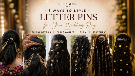 Nisha Gera collage showing six bridal hairstyles with personalised name letter pins