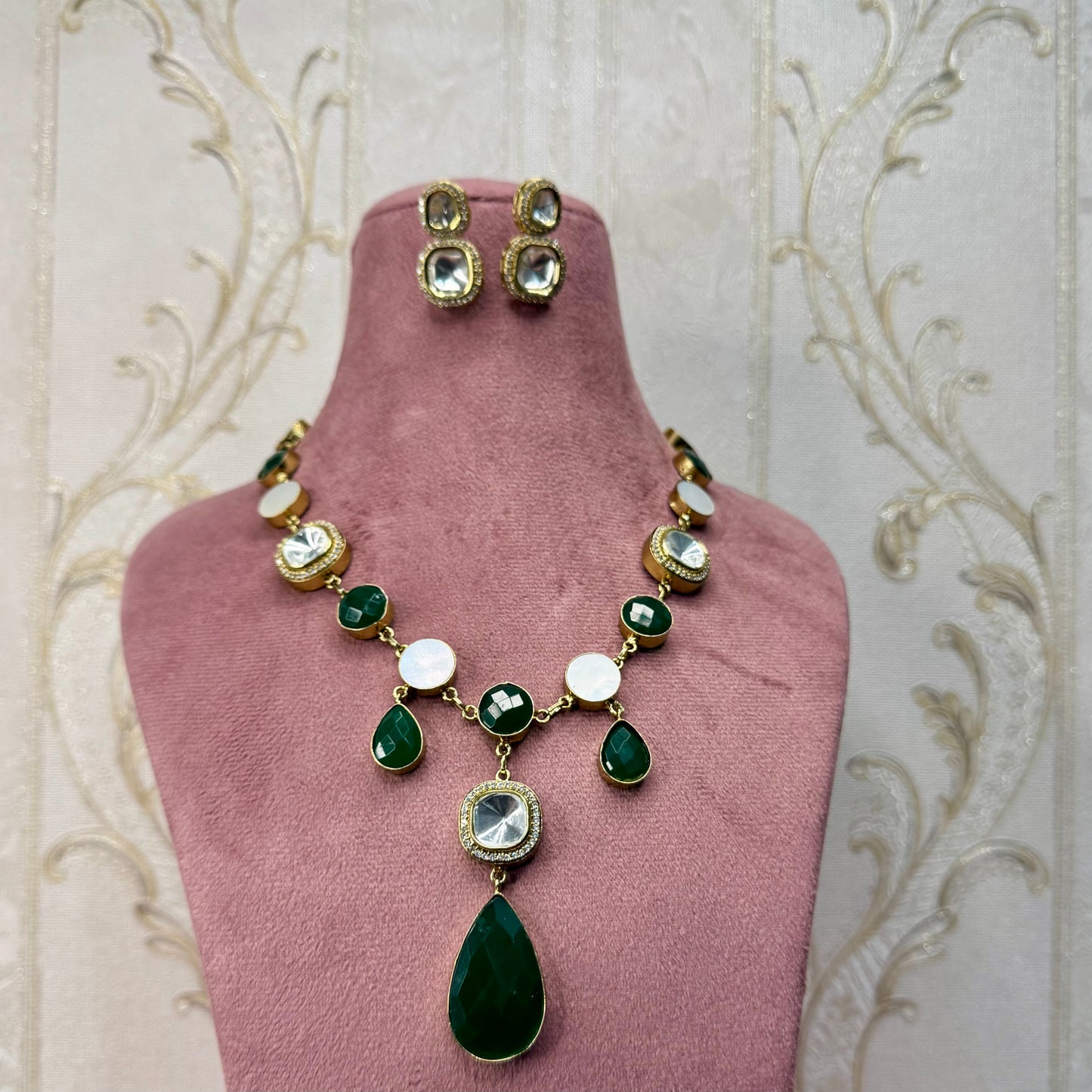 Emerald Green Stone & Kundan Necklace & Earrings Set