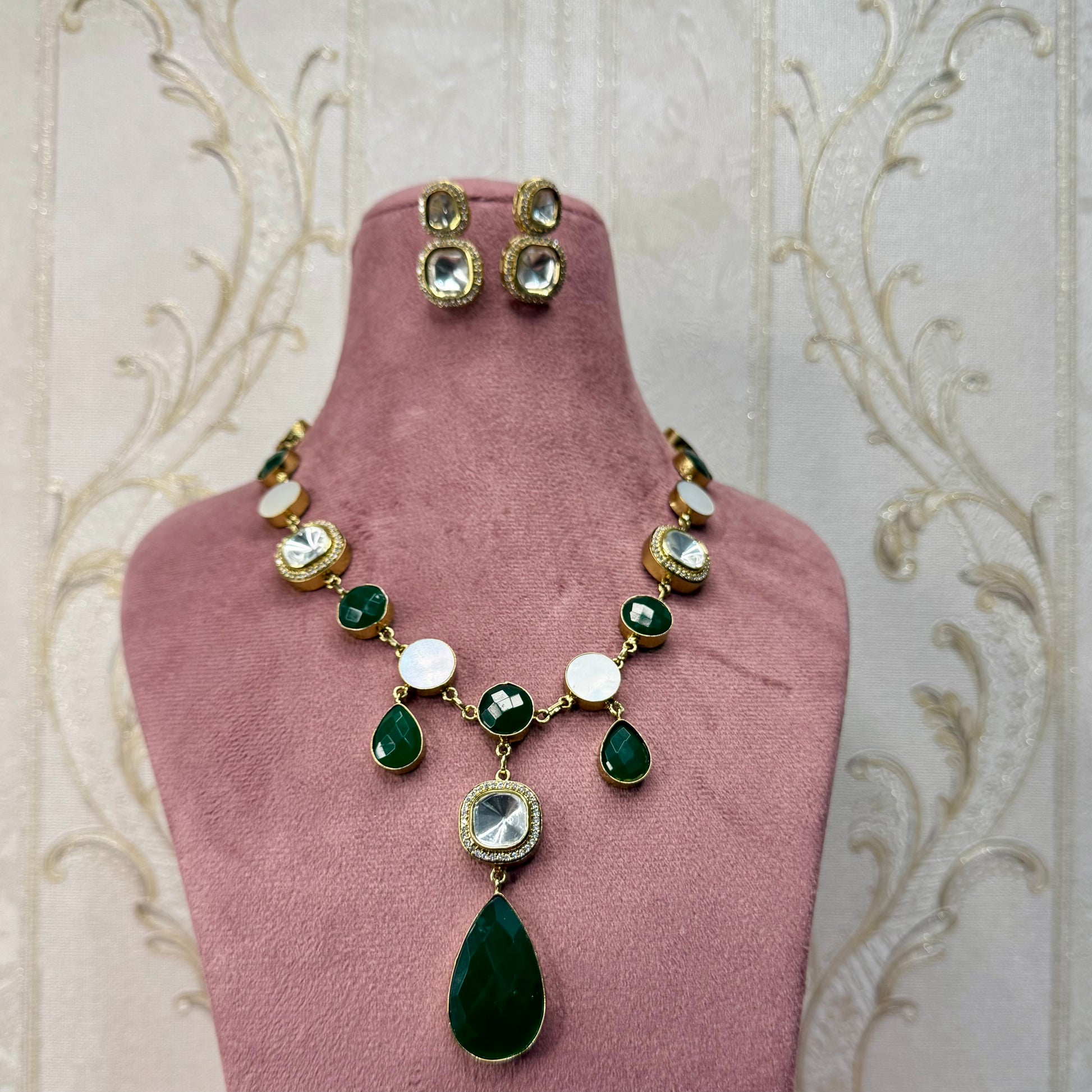 Emerald Green Stone & Kundan Necklace & Earrings Set