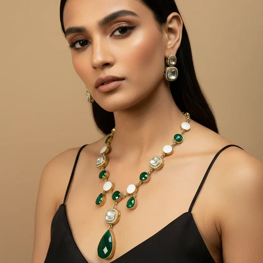 Emerald Green Stone & Kundan Necklace & Earrings Set