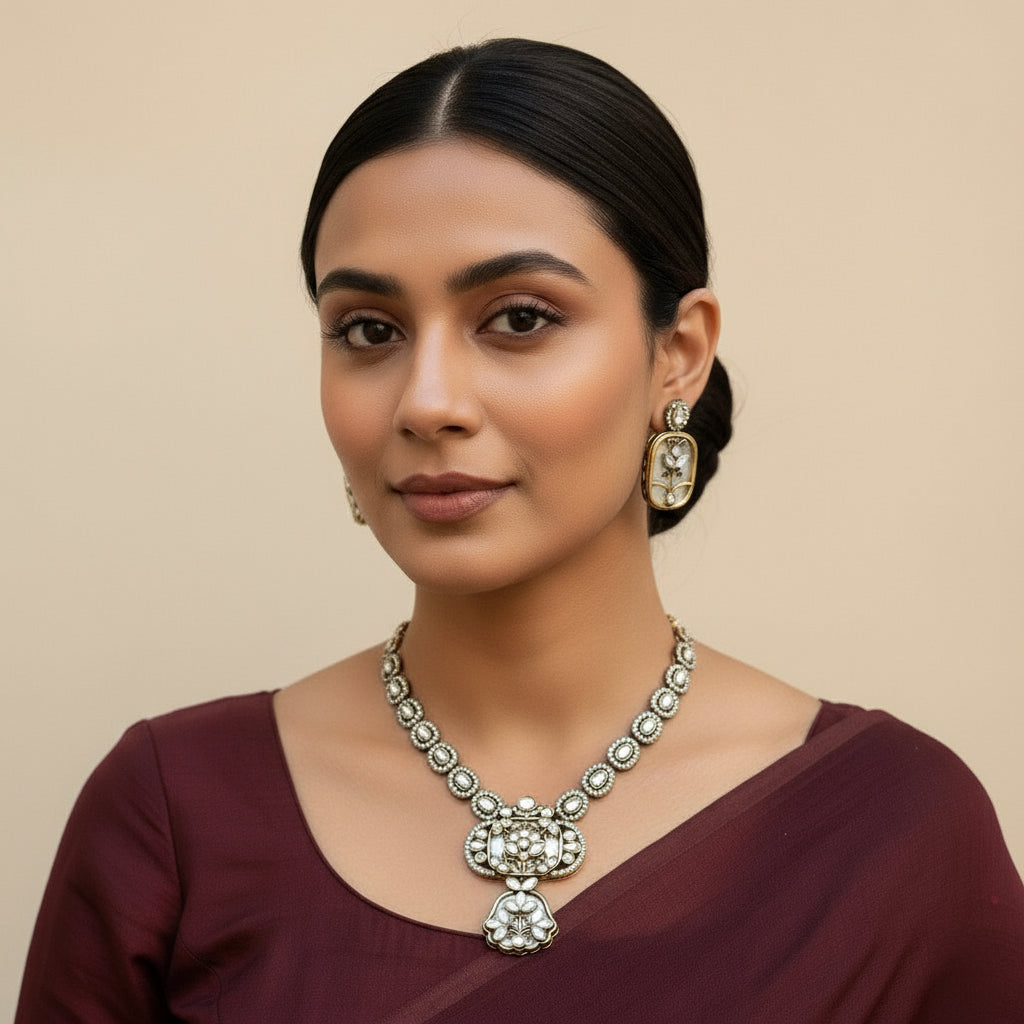 Antique Moissanite Necklace Set with Floral Detailing