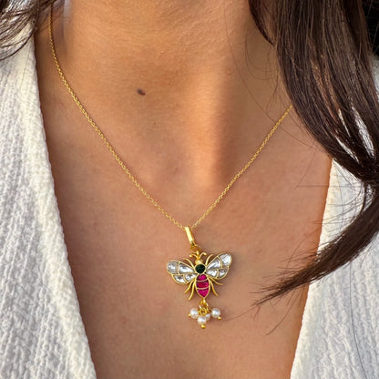 Bee Pendant Necklace – Enamel & Kundan Inlay with Pearl Drops