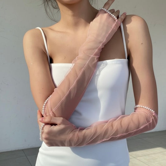 Pink Sheer Pearl Trim Gloves – Fingerless Opera Style