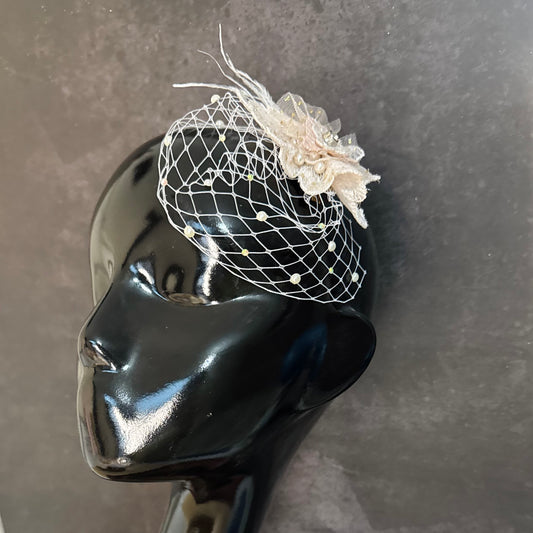 Blush Pink Veil Fascinator with Floral Lace and Pearls
