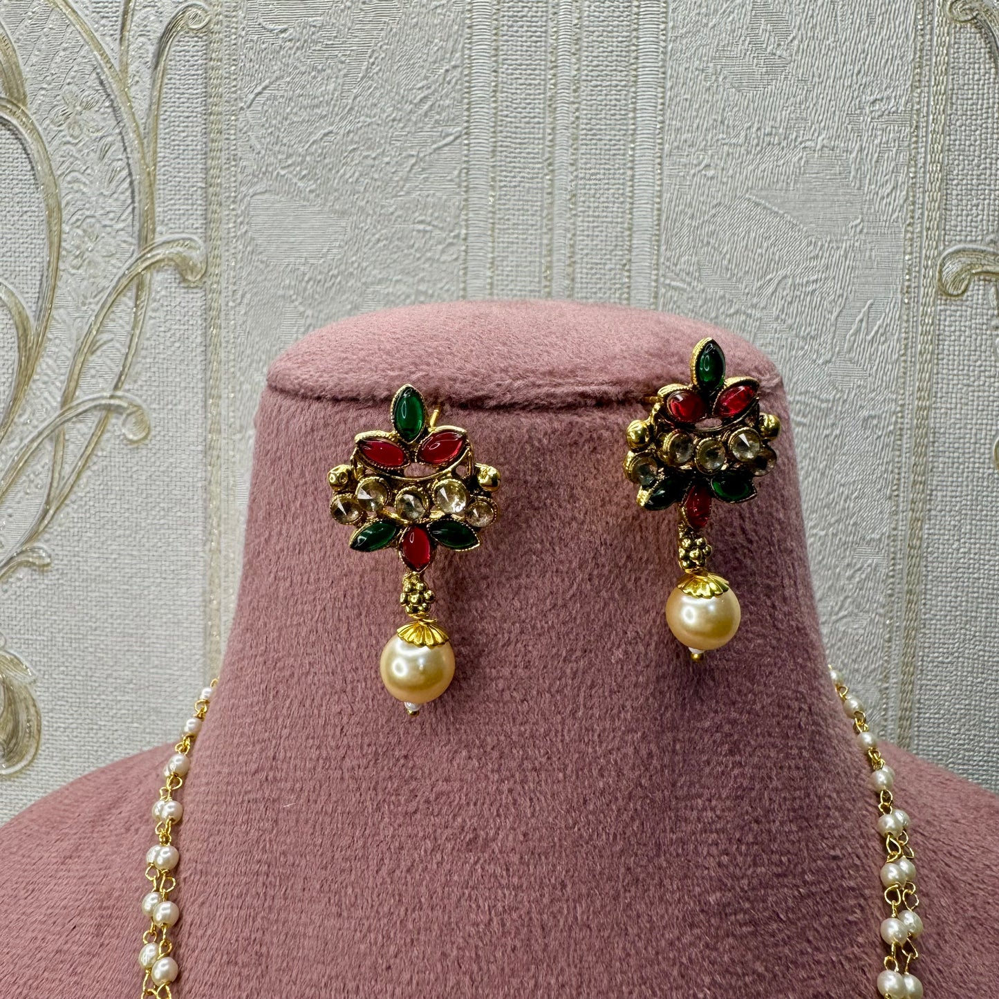 Regal Crescent Kundan Necklace Set – Ruby & Green