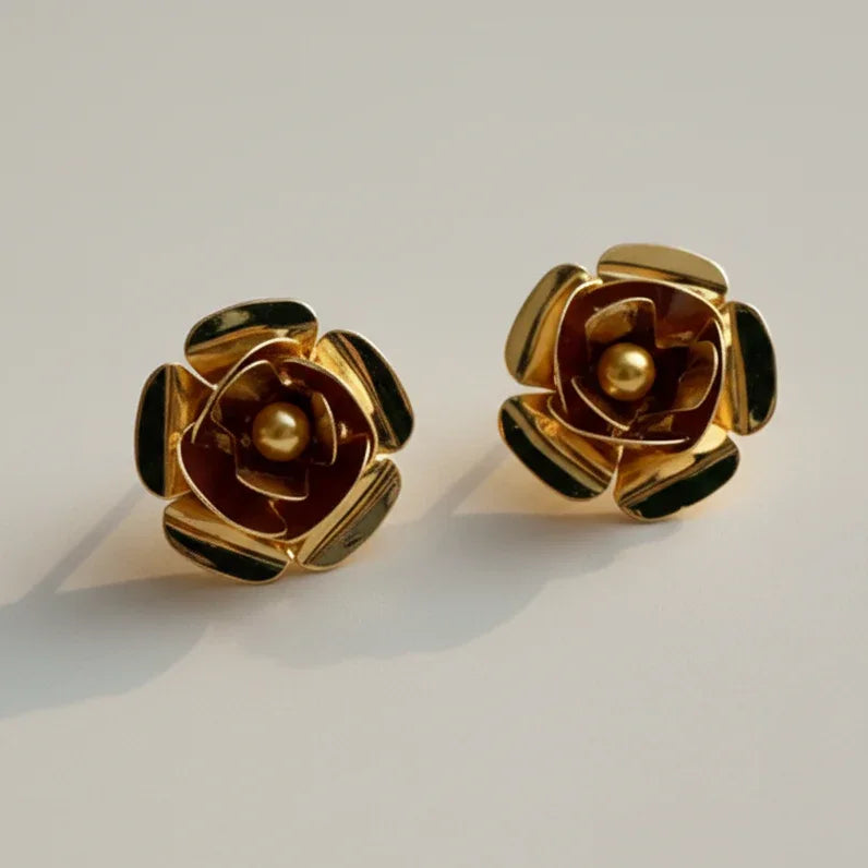 Golden Floral Rose Stud Earrings