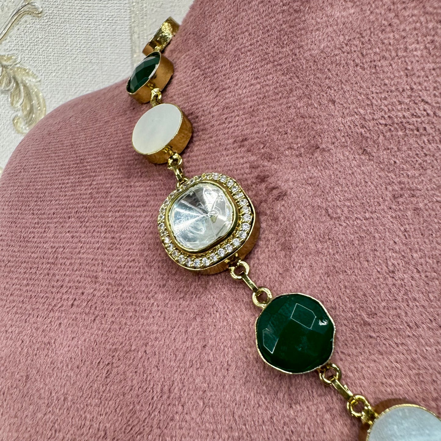 Emerald Green Stone & Kundan Necklace & Earrings Set