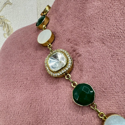 Emerald Green Stone & Kundan Necklace & Earrings Set