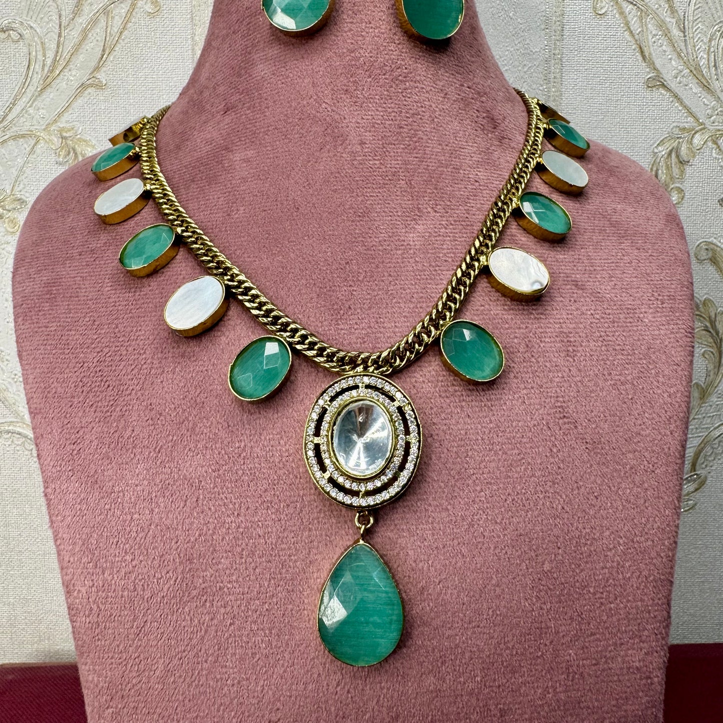 Green Stone Necklace & Earrings Set – Bridal & Festive Jewelry