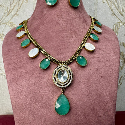 Green Stone Necklace & Earrings Set – Bridal & Festive Jewelry