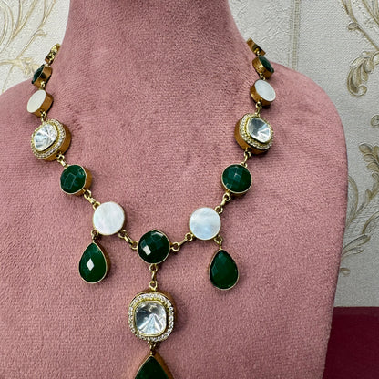 Emerald Green Stone & Kundan Necklace & Earrings Set