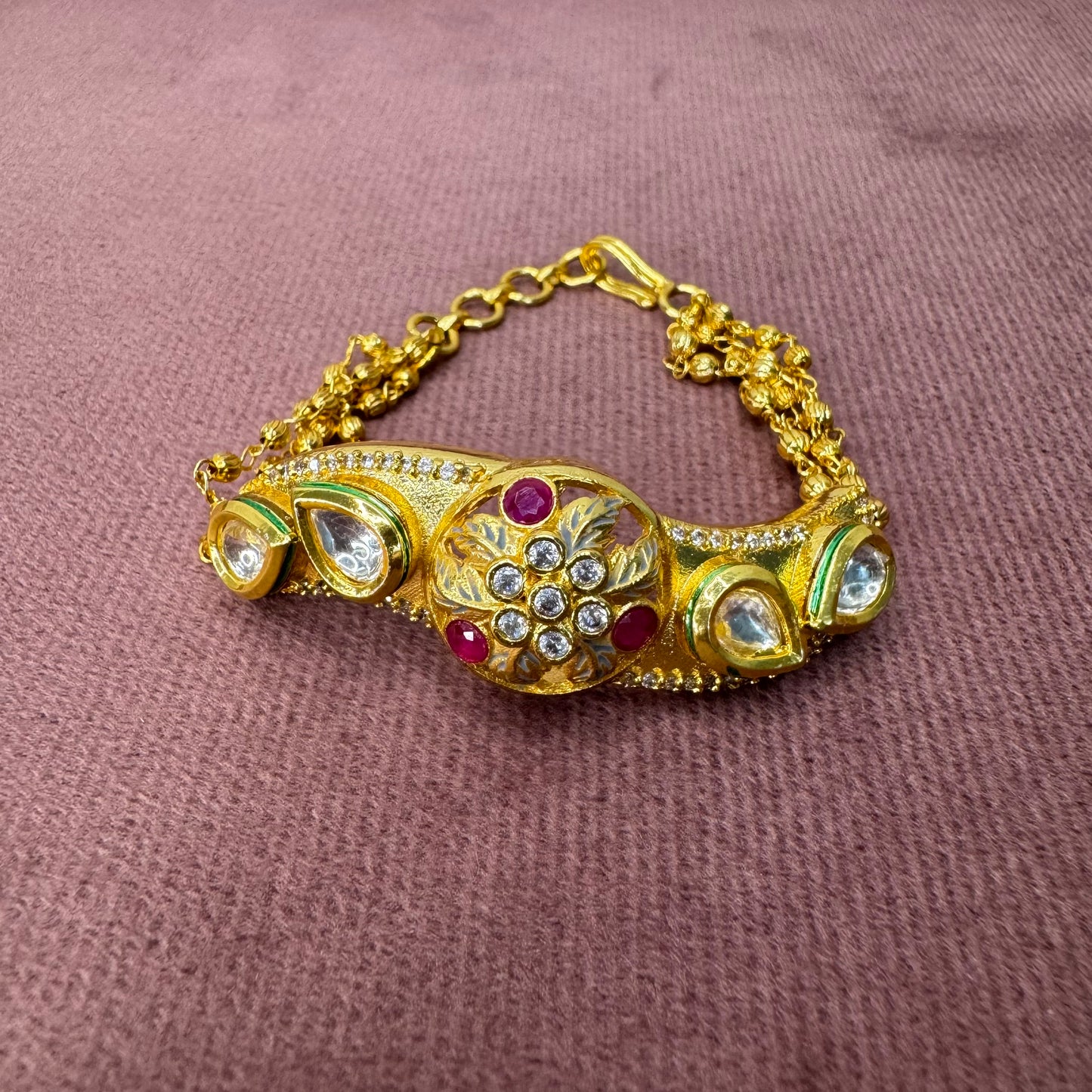 Gold-Plated Kundan Adjustable Bracelet with Ruby & White Stones