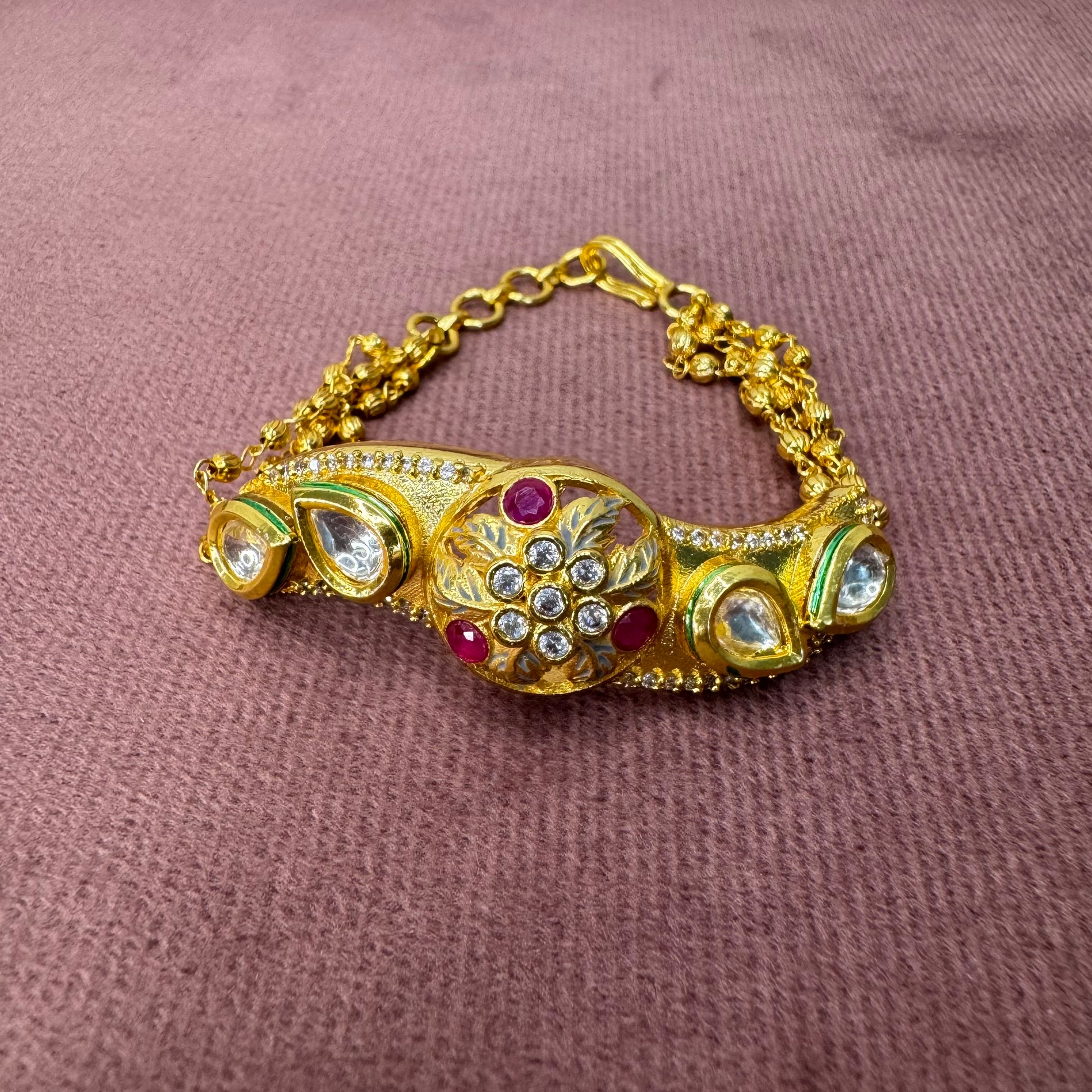 Gold-Plated Kundan Adjustable Bracelet with Ruby & White Stones