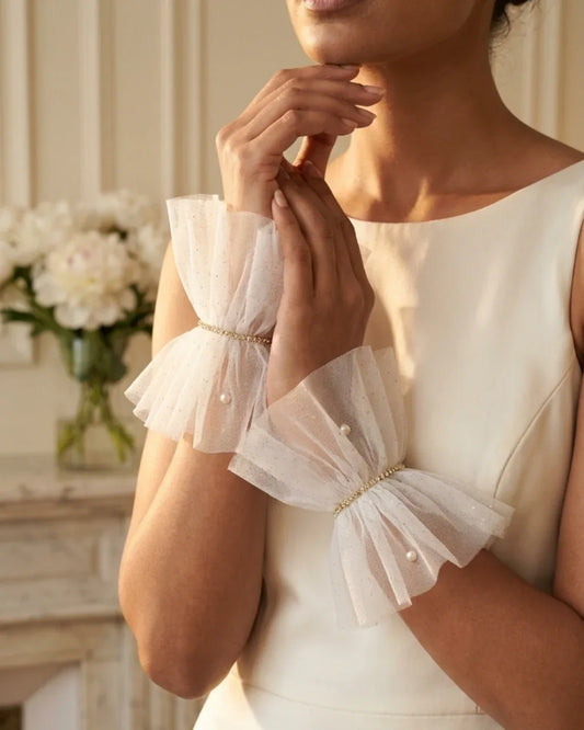 Ruffled Luxe Tulle White  Cuff Gloves
