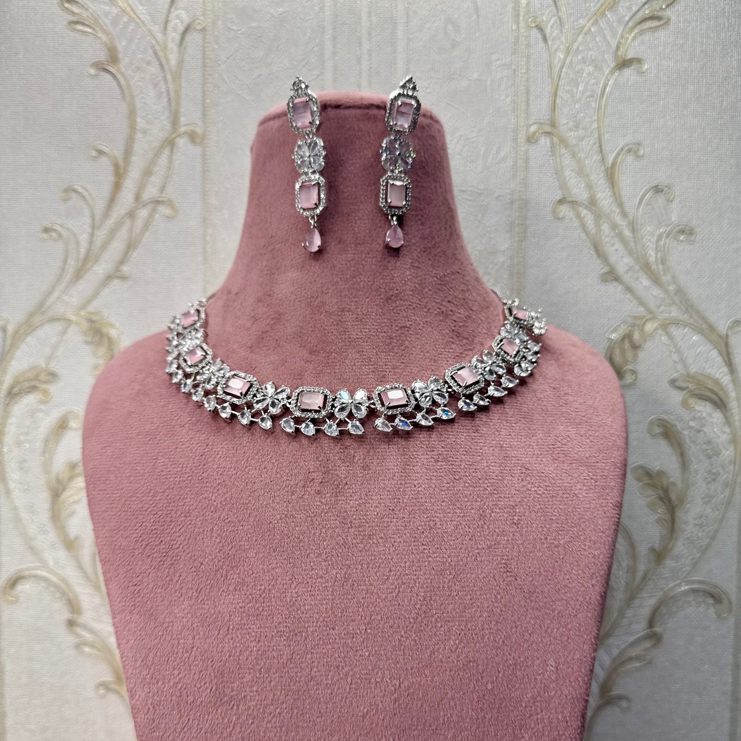 Blush Radiance Rhodium-Plated American Diamond Jewelry Set