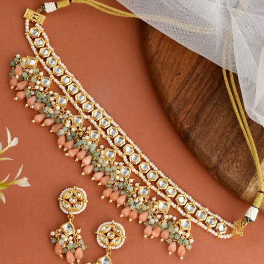 Peach & Green Beaded Gold-Plated Kundan Choker Necklace Set