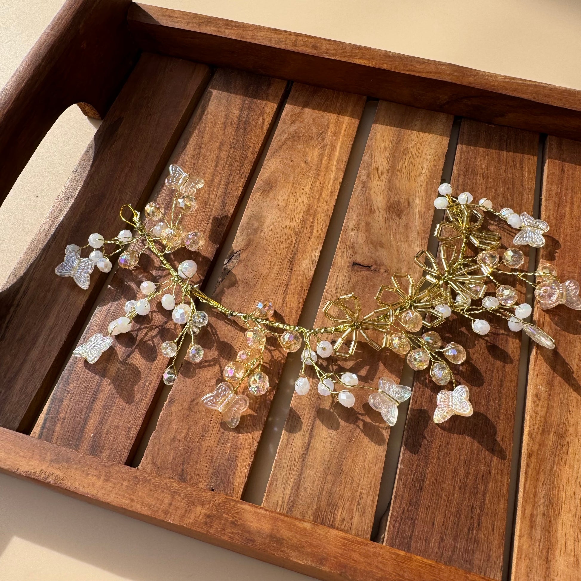 Golden Crystal Butterfly & Pearl Bridal Hair Vine