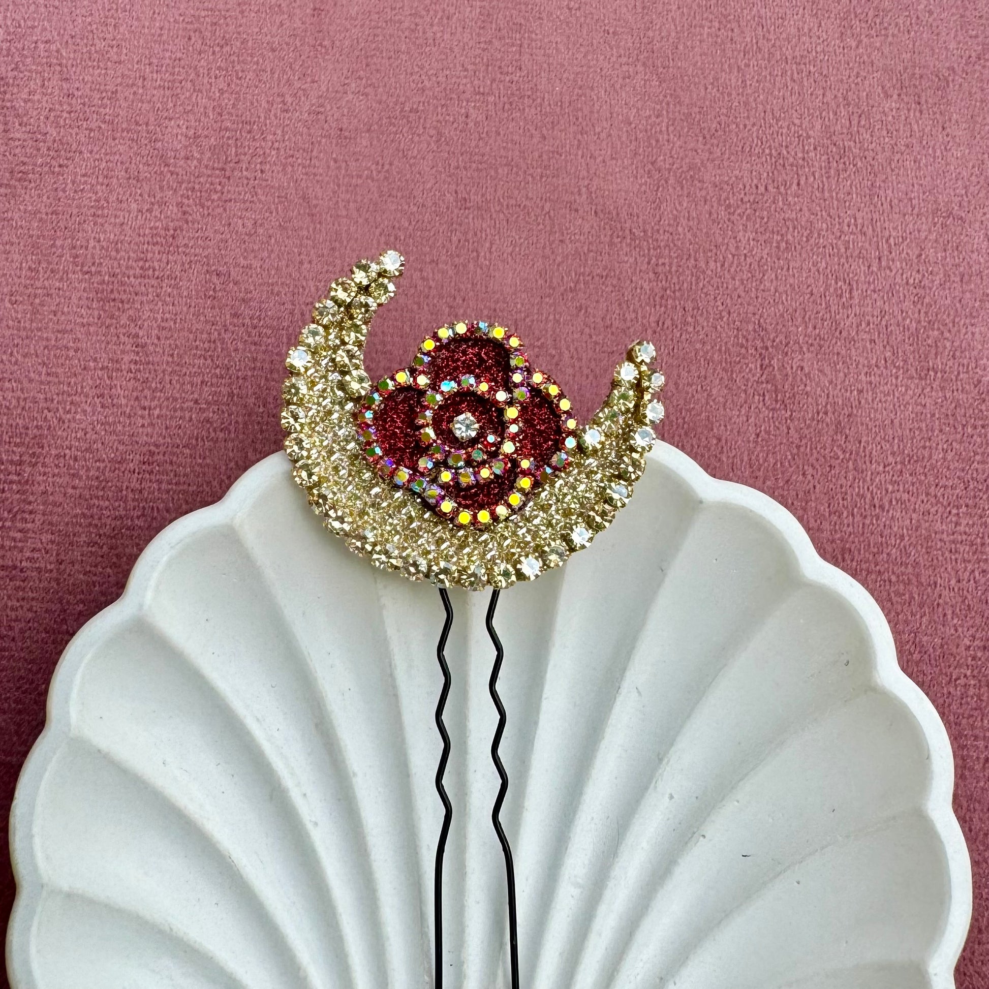 Red Rose Crescent Moon Bun Pin Set with Scattered Stones – Bridal Hair Jewelry