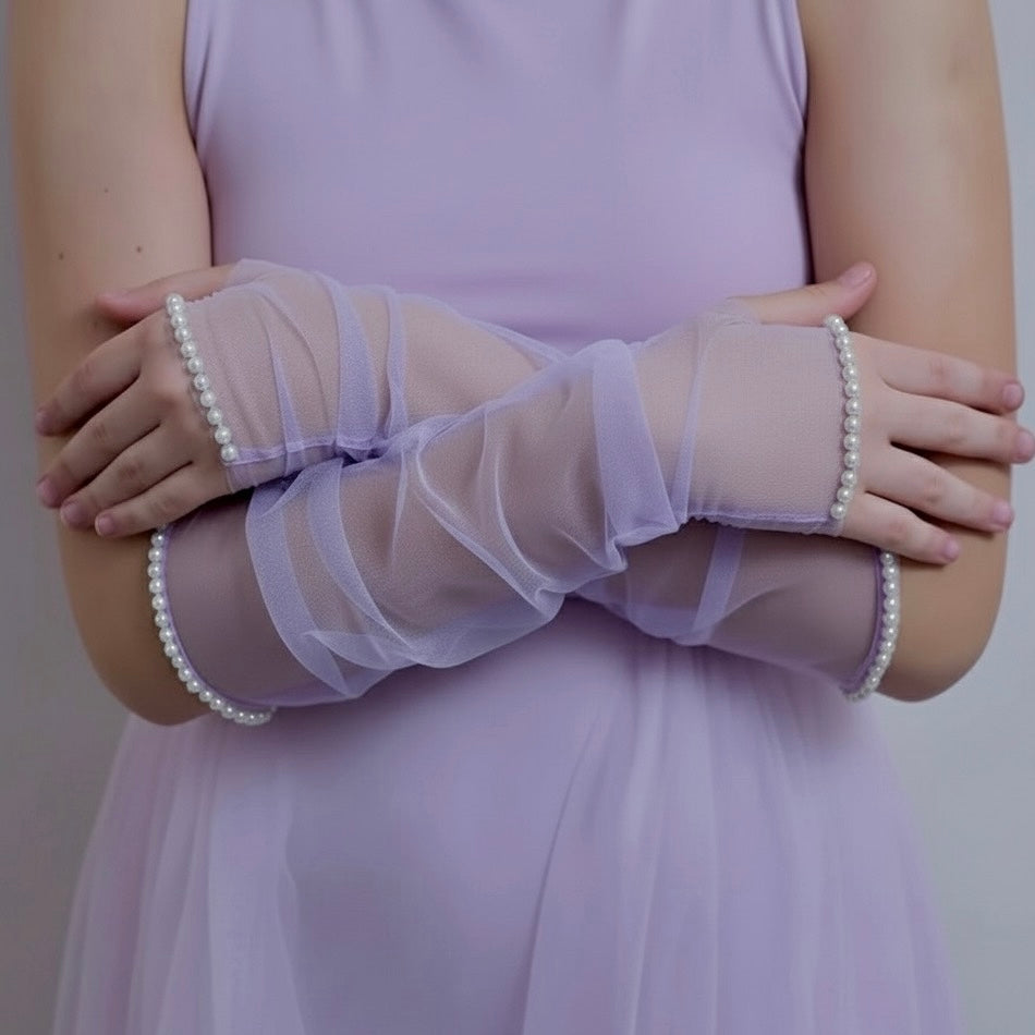 Lilac Sheer Pearl Trim Gloves – Fingerless Opera Style