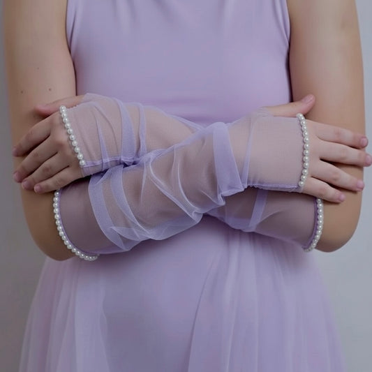 Lilac Sheer Pearl Trim Gloves – Fingerless Opera Style