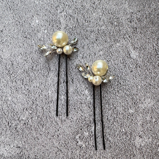 Elegant White Pearl & Crystal Hair Pins – Set of 2