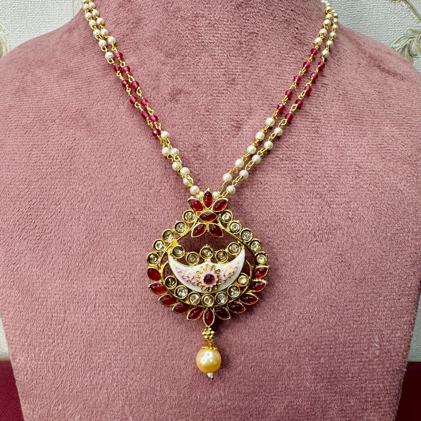 Regal Crescent Kundan Necklace Set with Ivory & Pink Enamel | Festive Jewelry on Sale