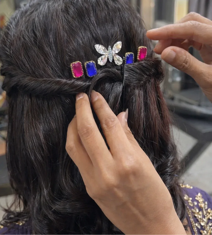 Ruby, Sapphire & Crystal Butterfly Hair Pin Set